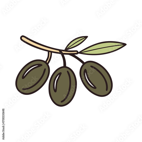 A simple hand drawn illustration of a branch with three green olives and two leaves isolated on transparent background
