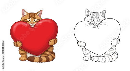 Cute Cat Hugging Heart Pillow Coloring Page Black White Valentine's Day Animal Art