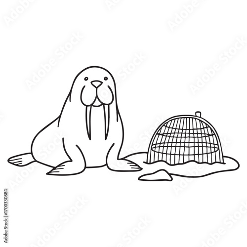 An illustration of walrus beside a snow-covered rock with a crab trap