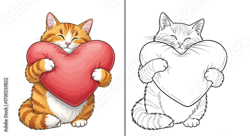 Cat and Heart Pillow Hug Coloring Page Cute Valentine's Day Themed Pet Illustration