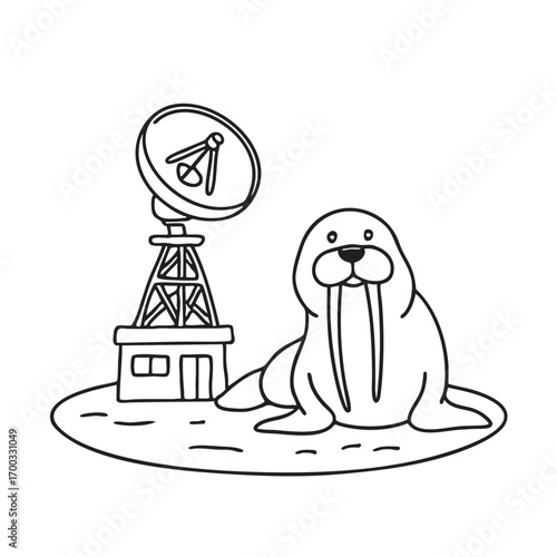 An illustration of walrus near a research station with a satellite dish