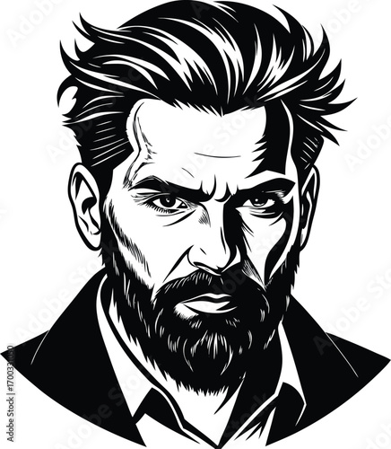Bearded Man Vector Portrait Black and White Illustration