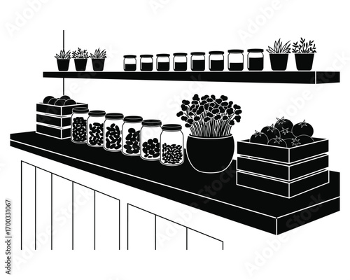 Still life arrangement of jars potted plants and decorative boxes on shelves and a counter