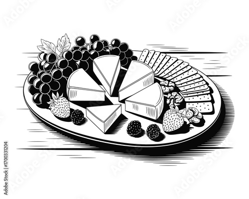 Artistic black and white illustration of a delicious cheese platter with grapes and crackers