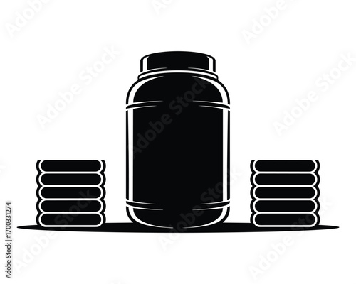 Silhouette of a large water bottle or shaker cup flanked by two stacks of weights