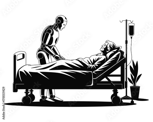 Nurse caring for patient in hospital bed with iv drip and plant illustration