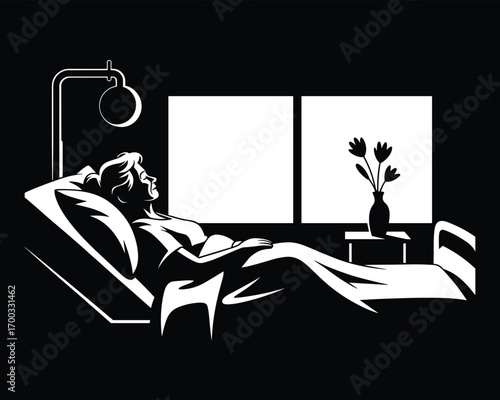 Patient lying in hospital bed looking out window with flowers on bedside table and iv drip