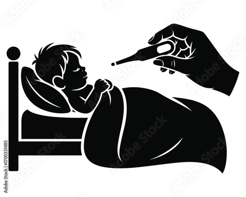 Sick child resting in bed while a hand holds a thermometer to check their temperature