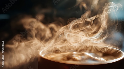 Aesthetic coffee steam swirling in sunlight,