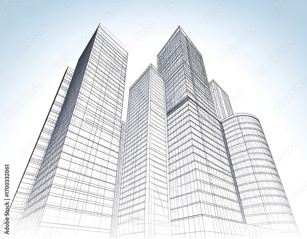 Fototapeta premium Architectural sketch of modern high-rise buildings, showcasing intricate details and design elements.