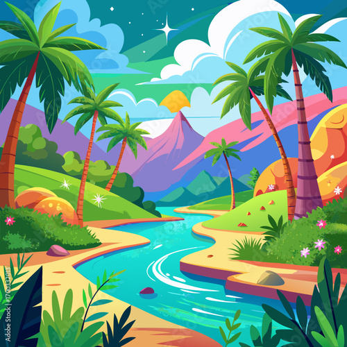 Vibrant cartoon tropical paradise landscape river palms mountains sky clouds illustration vector