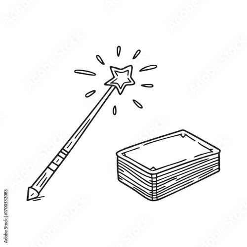 An illustration of wand near a stack of enchanted cards