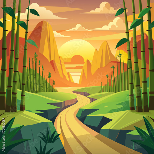 Serene bamboo forest path towards temple at sunrise vector illustration