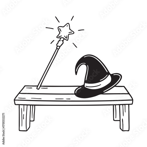 An illustration of wand next to a wizard hat on a bench