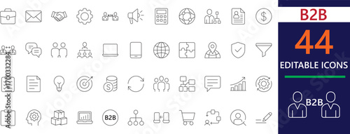Modern and clean line icon set representing B2B, partnerships, and corporate services. Ideal for websites, apps, and presentations focused on business-to-business solutions.