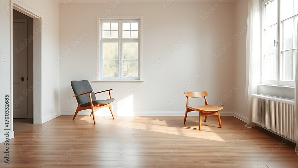 Fototapeta premium Empty living room featuring a mid-century modern chair, bathed in soft natural light for a serene and inviting atmosphere.