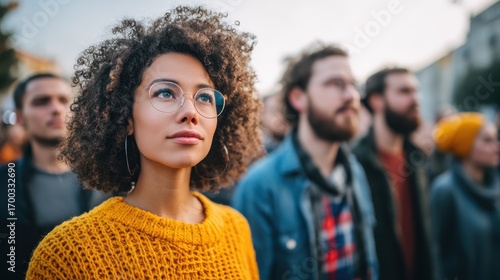 Young woman with curly hair and glasses looking up with hope while standing in a diverse crowd at an outdoor event