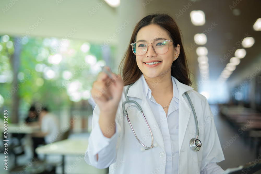 Fototapeta premium Female doctor in white coat holding hands with medical and healthcare icons.