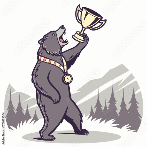 Triumphant Bear Winning Championship Trophy Mountain Background triumphant bear winning