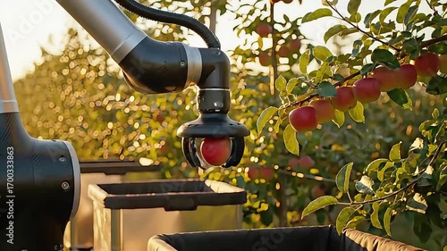 Future of Agriculture Robotic Harvester at Work in an Apple Orchard.