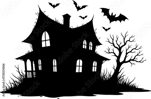 Haunted House Silhouette with Bats and Bare Tree