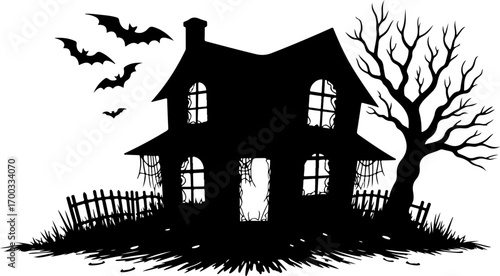 Haunted House Silhouette with Bats and Bare Tree