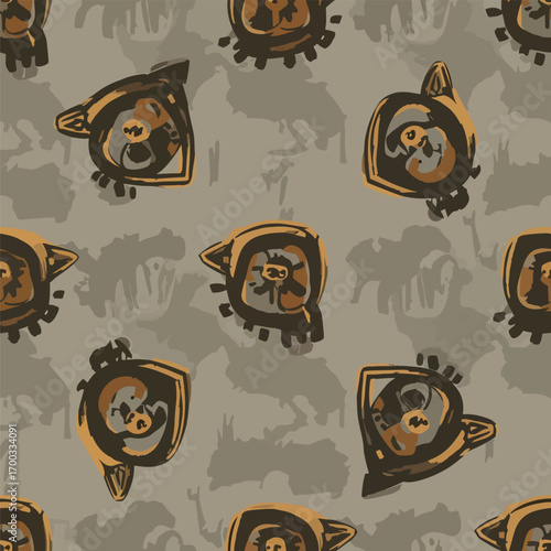Abstract bird pattern with tribal art influence in earthy tones and textures, seamless pattern, Stock royalty image.
