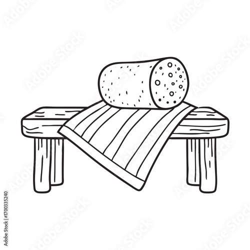 An illustration of washcloth on a shower bench with a loofah