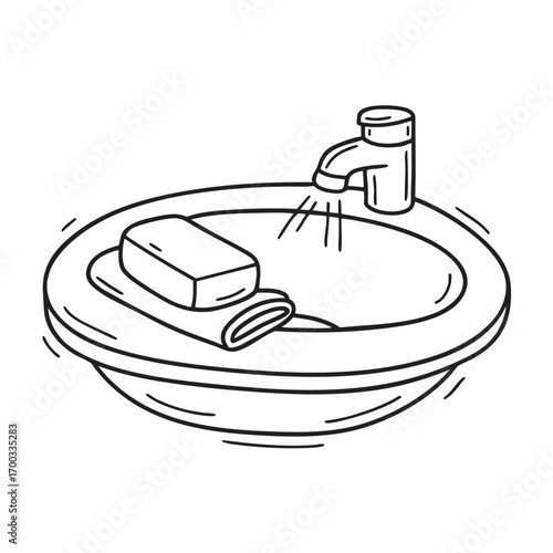 An illustration of washcloth on a bathroom sink with a bar of soap