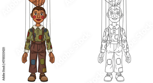 Creepy Puppet with Strings Halloween Coloring Page Scary Spooky Themed Illustration
