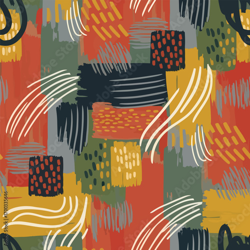 Abstract artistic background with shapes and brush strokes in warm autumn colors, seamless pattern, Stock royalty free image.