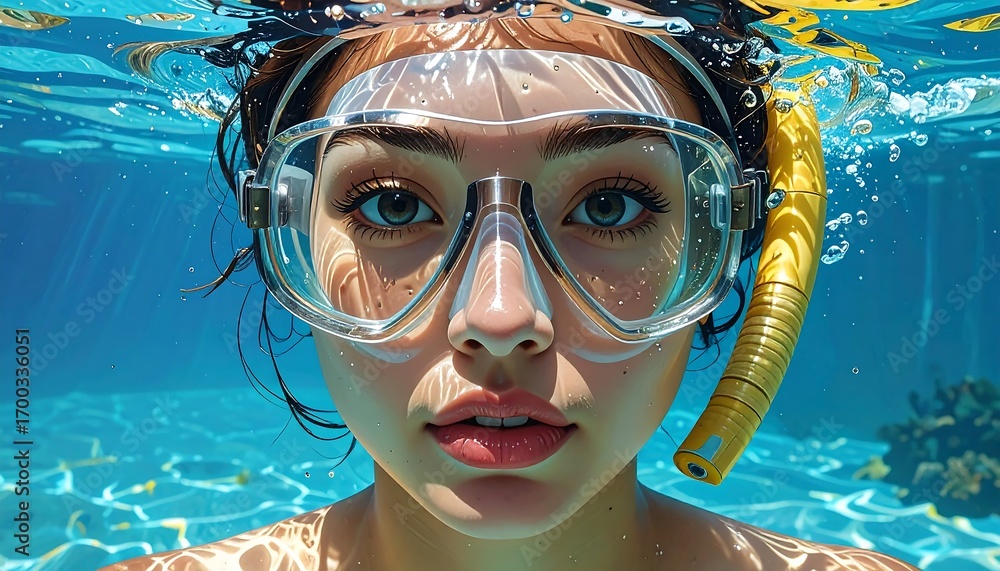 Naklejka premium Close-up underwater portrait of a young woman wearing scuba gear, showcasing vibrant blues and a striking contrast of colors.
