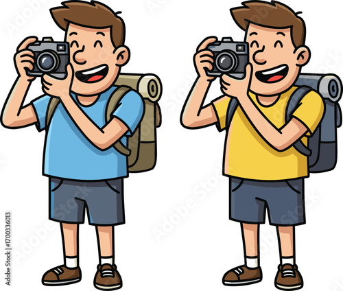 Cartoon traveler taking photo with camera, hiking backpack, outdoor adventure, tourism character, vector illustration for travel and photography themes