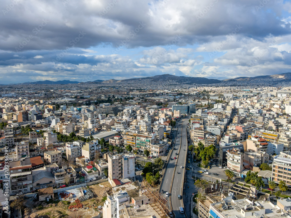 Fototapeta premium Aerial city landscape cloudy winter Mediterranean day in urban Kerameikos Athens Greece