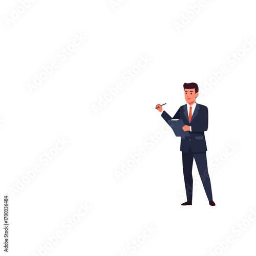 Vector art of a businessman in a suit stands holding a clipboard and pen, he is looking at the clipboard with a serious expression