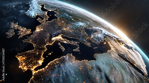 Glowing Earth globe seen from space, Europe clearly visible, luminous and radiant colors, brilliant light reflections, ethereal and futuristic atmosphere