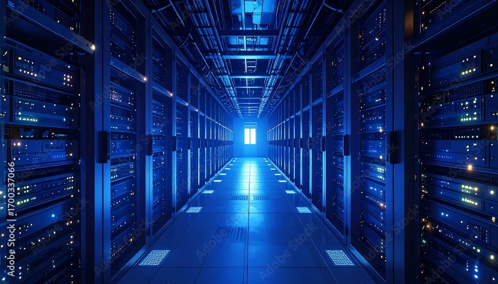 Fototapeta premium A long server room filled with rows of illuminated server racks, showcasing a futuristic and technologically advanced environment.
