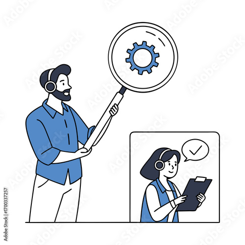 Man using magnifying glass to examine gear