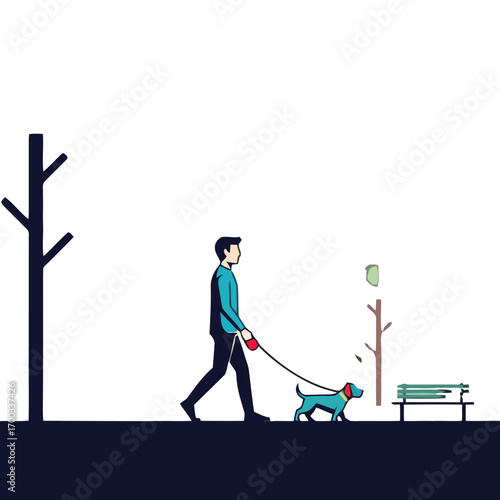 Vector art of a man walks his dog in the park, enjoying the fresh air and the beauty of nature