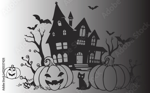Halloween background with pumpkin haunted house bats and spooky night illustration