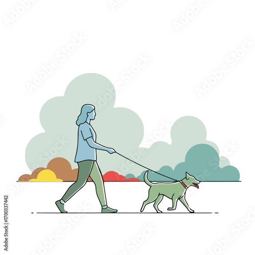 Illustration of a woman walking a dog on a leash, enjoying a leisurely stroll in a park or neighborhood
