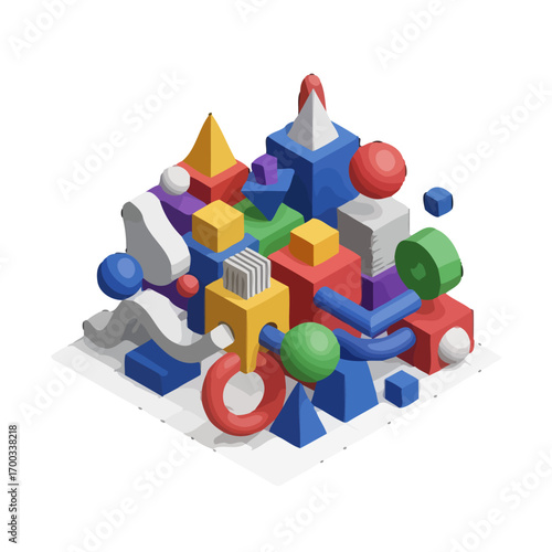 Vector art of isometric arrangement of colorful 3d geometric shapes creates a playful and modern design composition