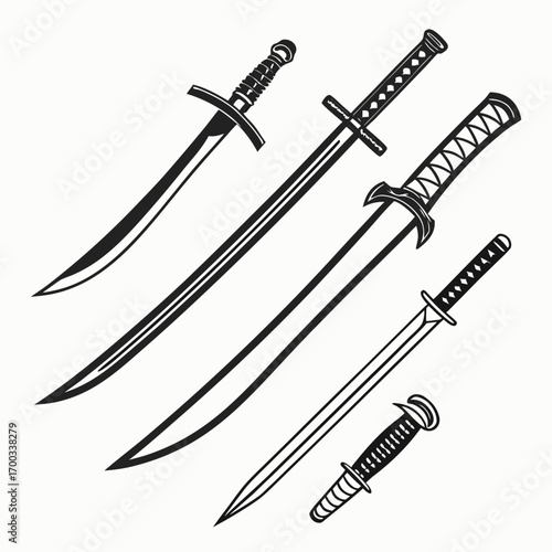 Collection of various sword designs, including katana, broadsword, and dagger, showcasing different blade styles and hilt designs for historical or fantasy themes
