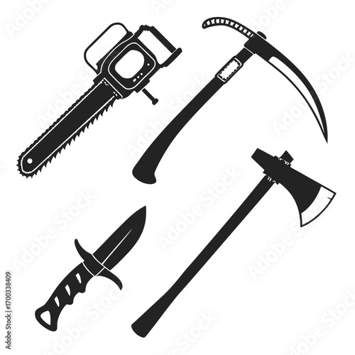 A collection of dangerous tools, including a chainsaw, pickaxe, knife, and axe, all rendered in a bold, graphic black and white style