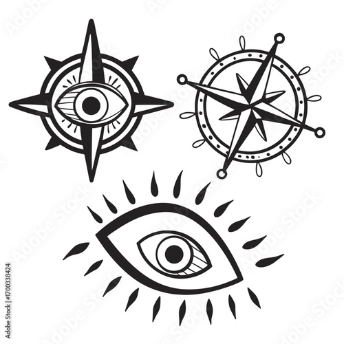 A captivating collection of mystical eye illustrations, featuring compasses and various eye designs, perfect for esoteric and spiritual themes