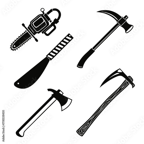 A collection of tools, including a chainsaw, pickaxe, knife, and axe, all rendered in a bold, graphic black and white style