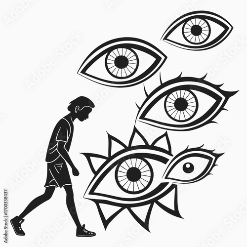 A thoughtprovoking illustration, depicting a person walking amidst floating eyes, symbolizing surveillance, awareness, and the feeling of being watched
