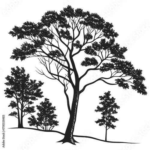 Silhouette of a group of trees, showcasing their intricate branches and foliage, creating a serene and natural scene with a touch of artistic flair