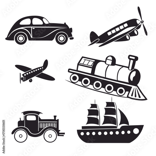 A collection of vintage transportation icons, featuring a classic car, airplane, train, and ship, all rendered in a simple black and white style