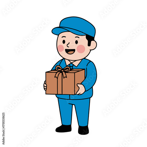 Vector art of delivery man holding a gift box with a ribbon, ready to deliver happiness and joy with a smile